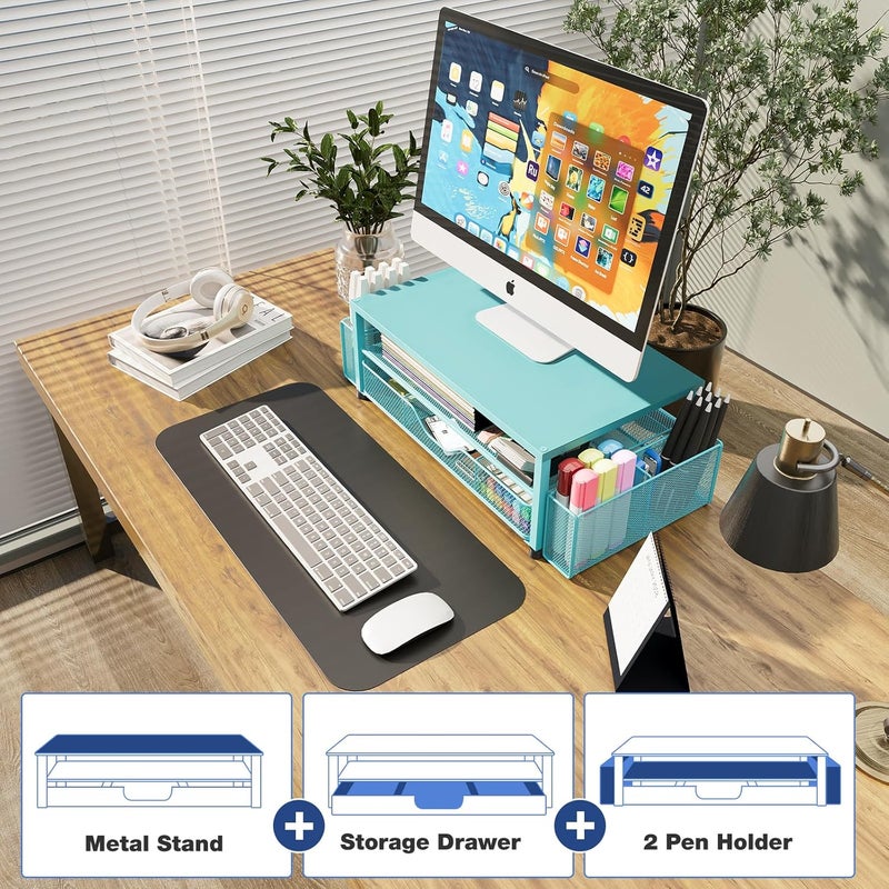 OPNICE Desk Organizers and Accessories, 2-Tier Computer Monitor Stand Riser with Drawer and 2 Pen Holders, Laptop Stand, Office Desk Accessories for Office Supplies, Teal Blue - Image 4